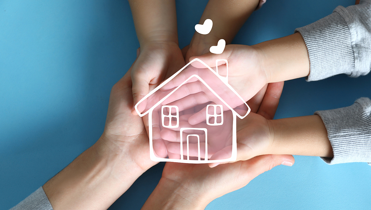 Illustration of house and happy family holding hands on blue bac Illustration of house and happy family holding hands on blue bac